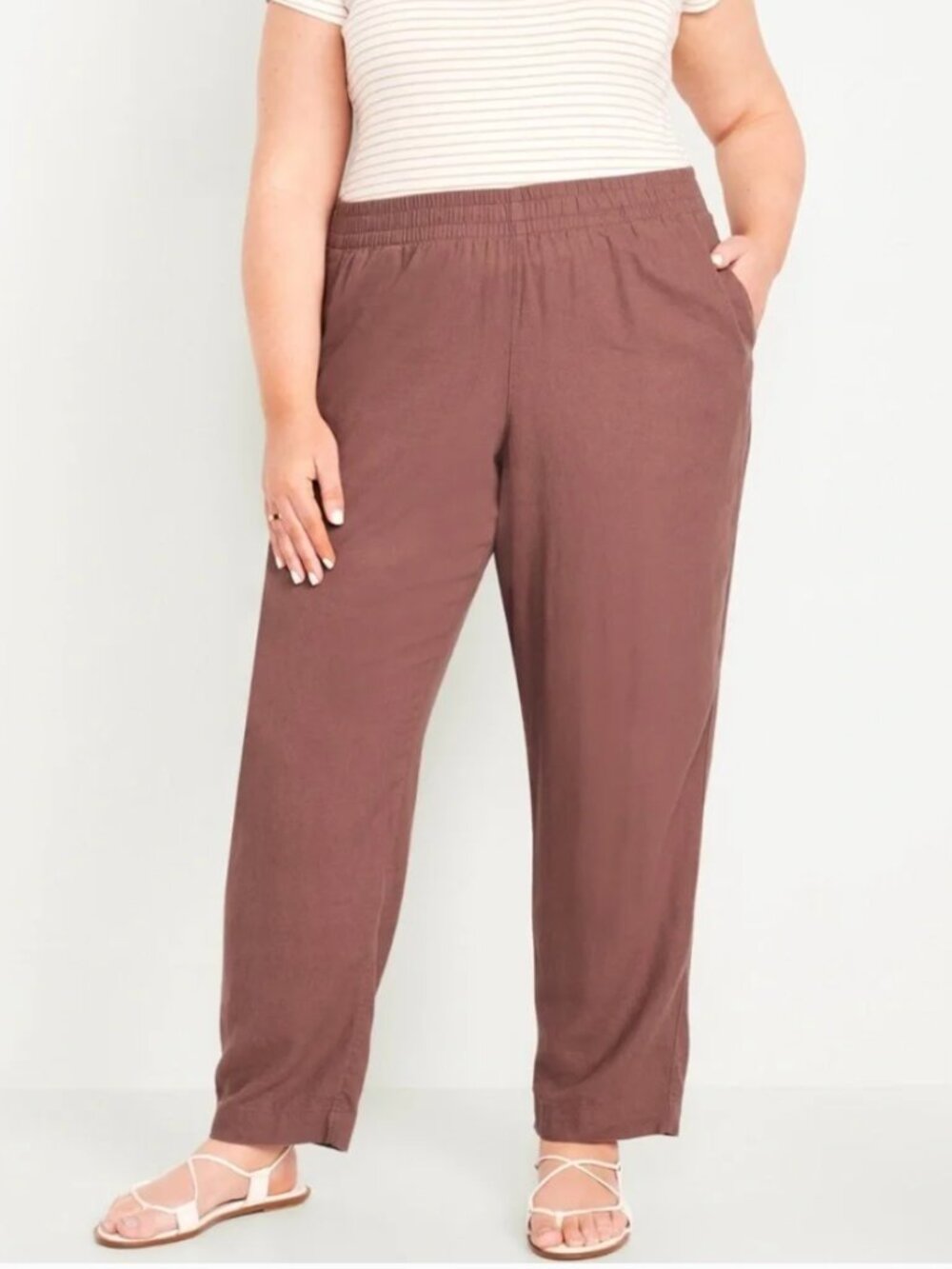 Old Navy Linen Blend Straight Pants XXL Warm Taupe Pull-On Elastic Waist NWT